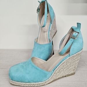 Kayleen - LA - DEANNA - Turquoise Suede Ankle-Strap Espadrille Wedges